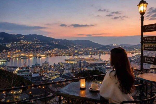 A woman enjoying a quiet evening café overlooking Nagasaki harbor and city lights at sunset, reflecting the romantic atmosphere of modern dating in Japan.