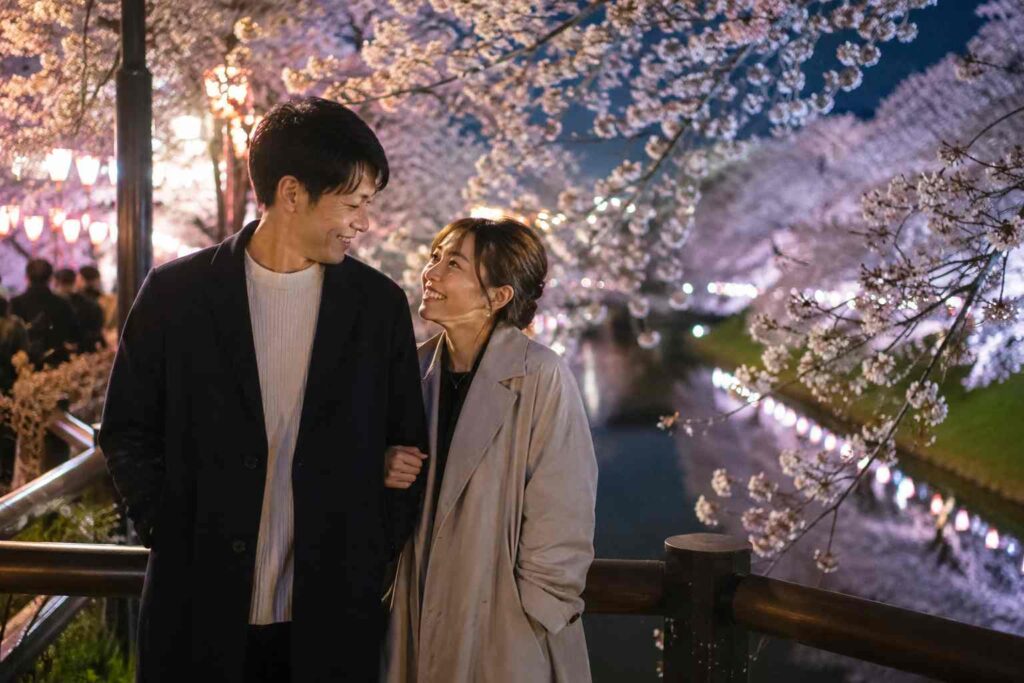 Romantic cherry blossom evening stroll