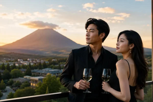 Elegant Japanese couple enjoying a luxury summer evening in Niseko with mountain views, sunset light, and a refined resort atmosphere.