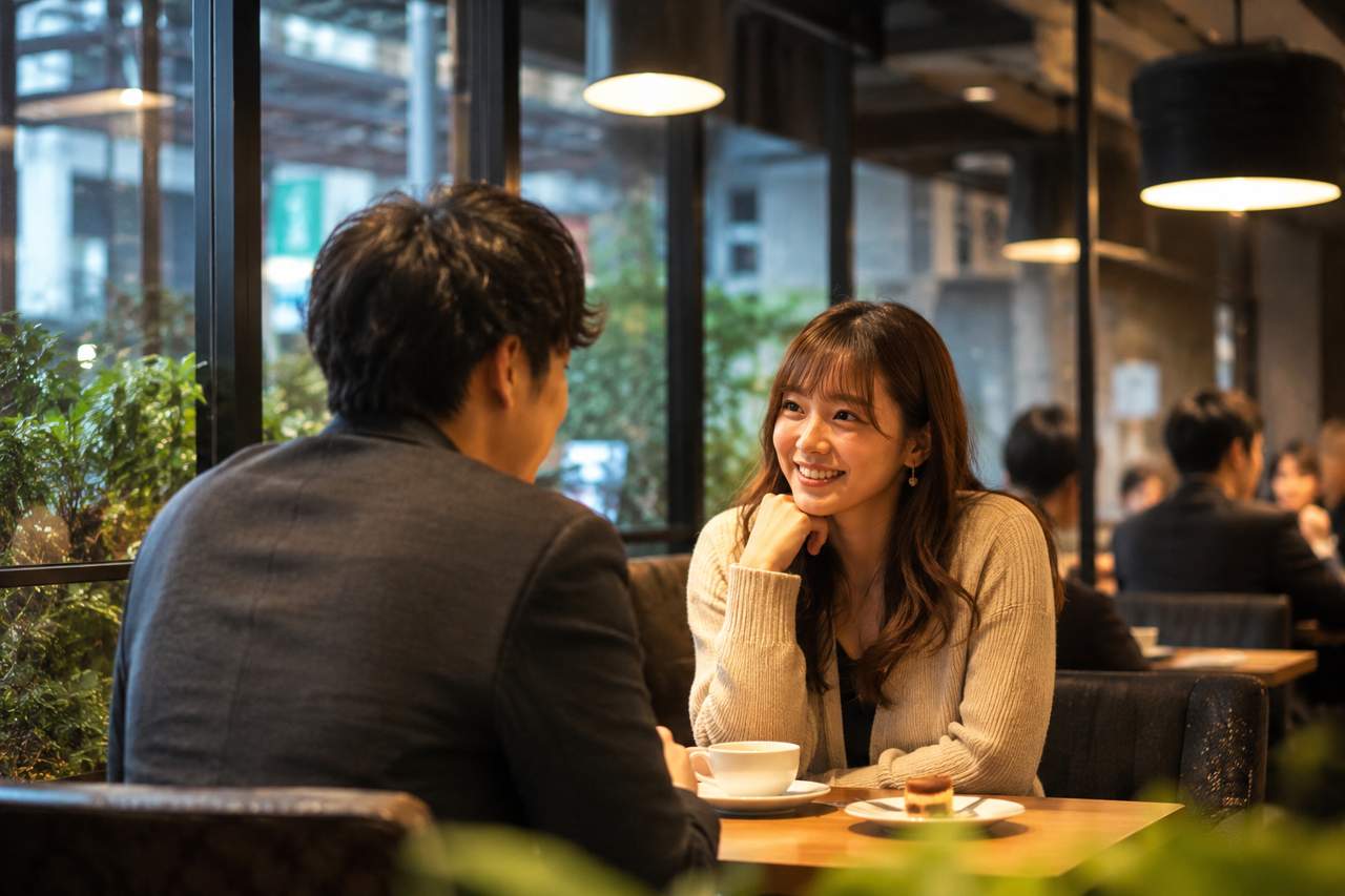 Japanese couple enjoying a relaxed evening conversation at a cozy café, natural lifestyle dating atmosphere in Japan