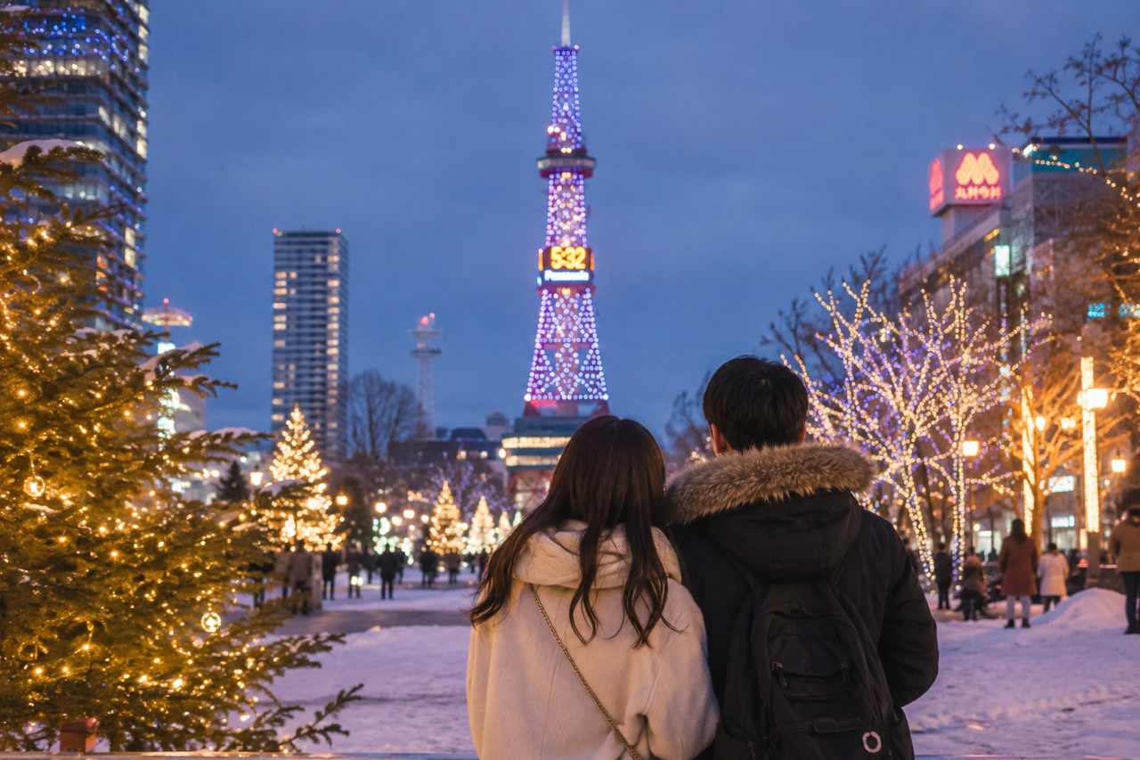 Romantic winter evening in Sapporo with a Japanese couple enjoying the snowy city lights and festive atmosphere near Sapporo TV Tower.