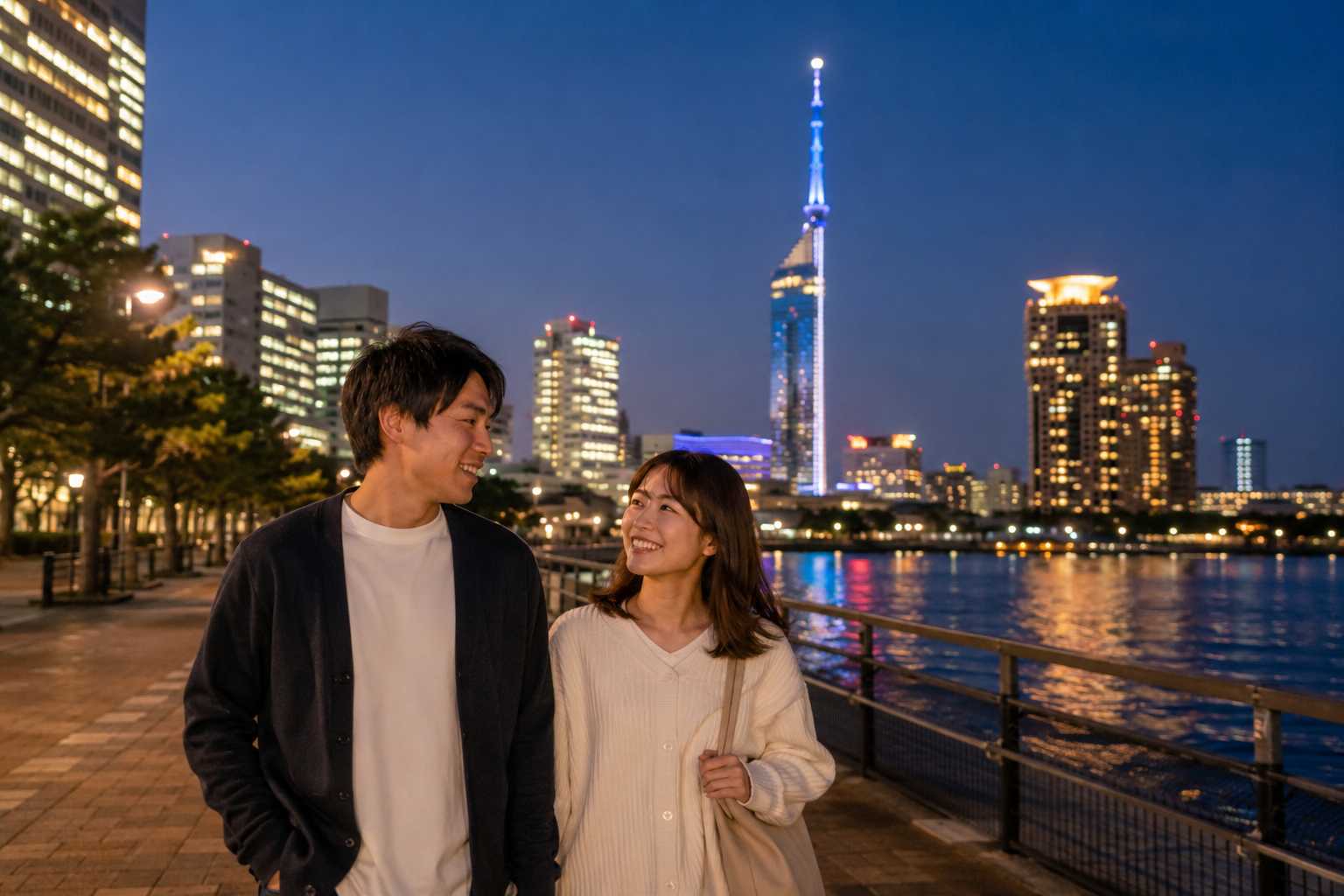 福岡の夜景と海辺を歩く日本人カップルの自然なデート風景