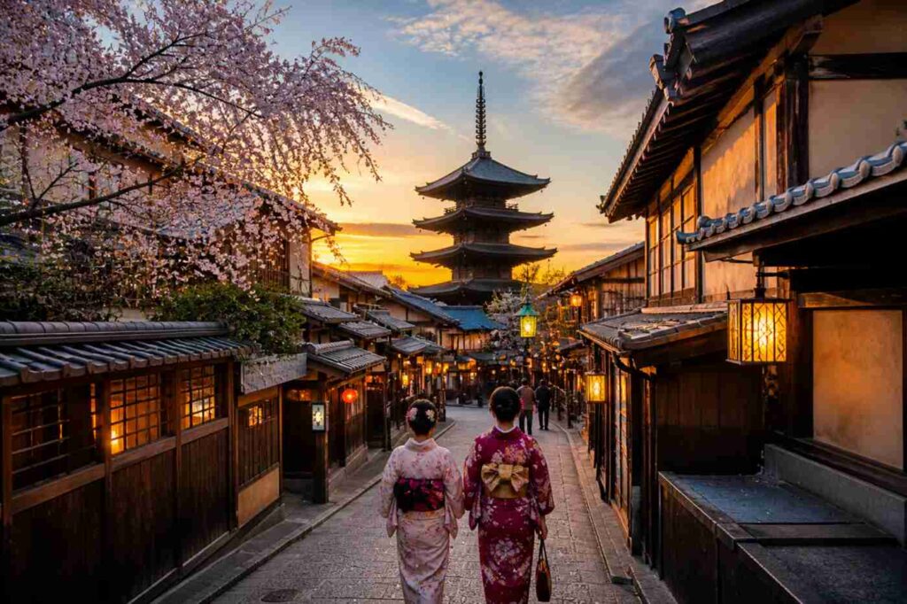 Traditional Kyoto street at sunset with cherry blossoms and a pagoda, two women in kimono walking through a peaceful historic district in Honshu, Japan