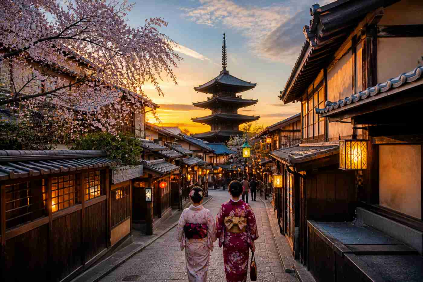Traditional Kyoto street at sunset with cherry blossoms and a pagoda, two women in kimono walking through a peaceful historic district in Honshu, Japan