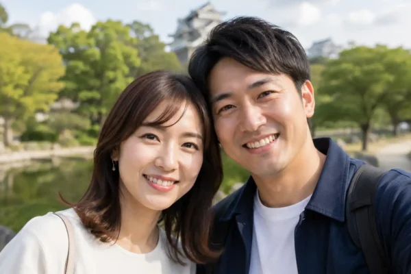 Happy couple in a scenic park