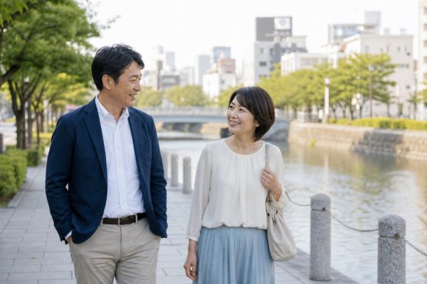 徳島市の新町川沿いを歩きながら会話する日本人の大人の男女